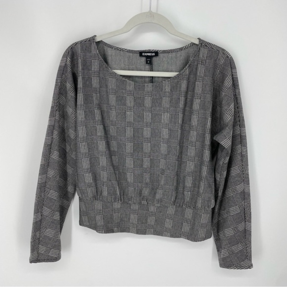 Express Houndstooth Long-Sleeve Top in Size‎ S black check plaid